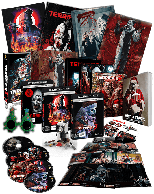 ART ATTACK - Terrifier Collector's Edition Boxset (4 Movie +Slipcases +Book +Brick Set +VHS +Sunglasses) 4K & Blu-ray